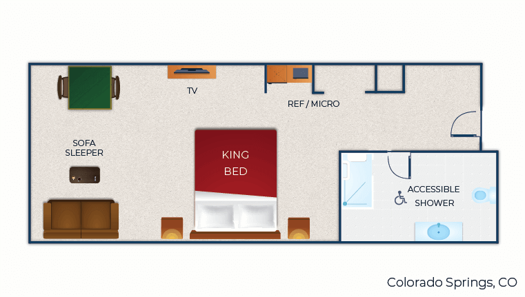 The floorplan for the accessible Luxury King Suite 